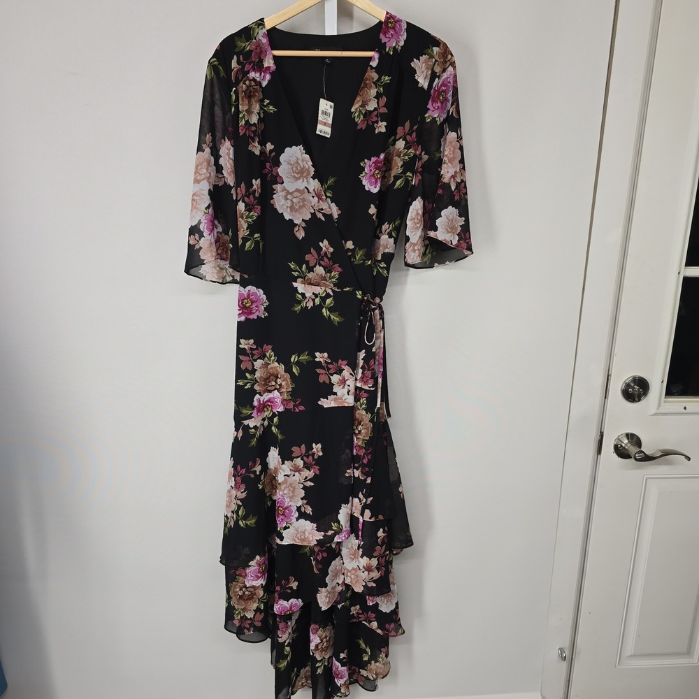 INC International Concepts Floral High Low Wrap Dress Black Pink Size 12